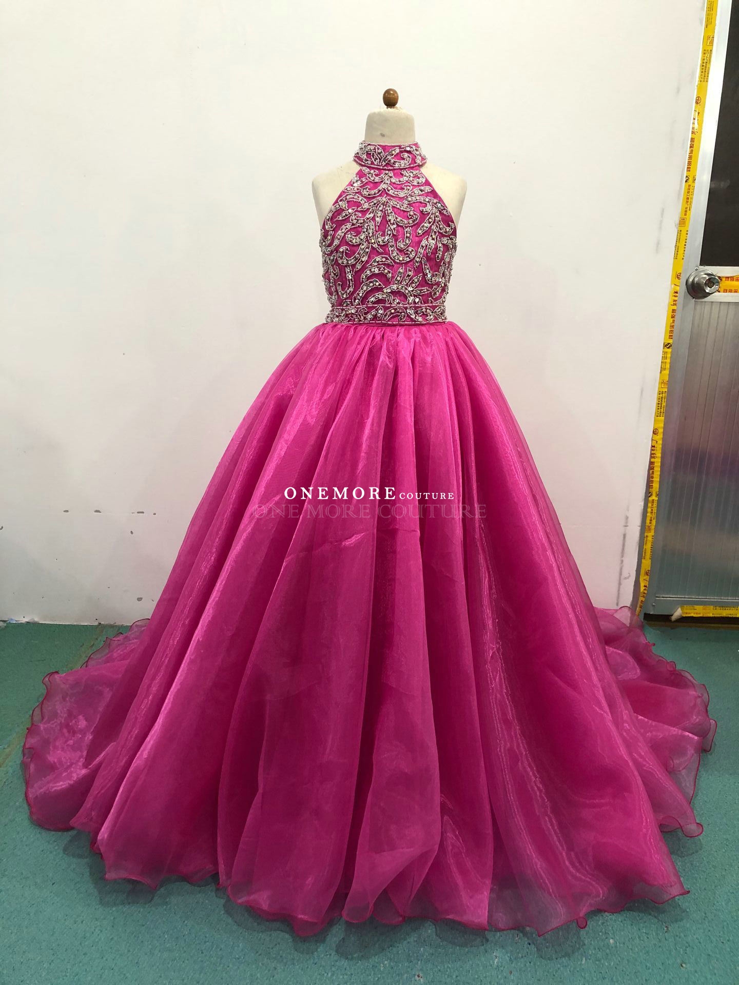 Magenta Halter Pageant Dress with Beaded High Neck