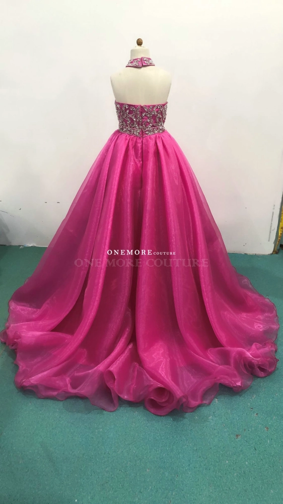 Magenta Halter Pageant Dress with Beaded High Neck