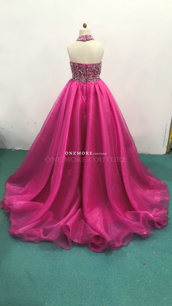 Hot Pink Beaded Halter Neck Organza Pageant Dress for Girl