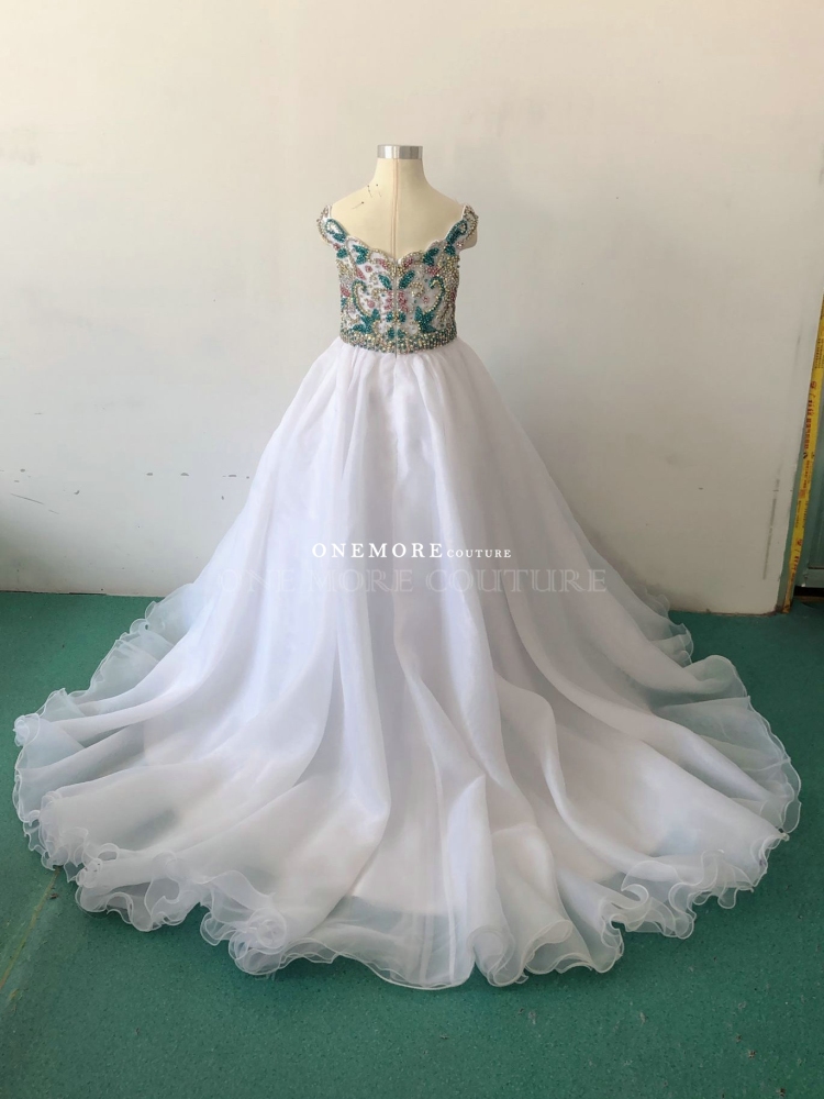 Off Shoulder Beaded White Organza Pageant Dress for Little Girl