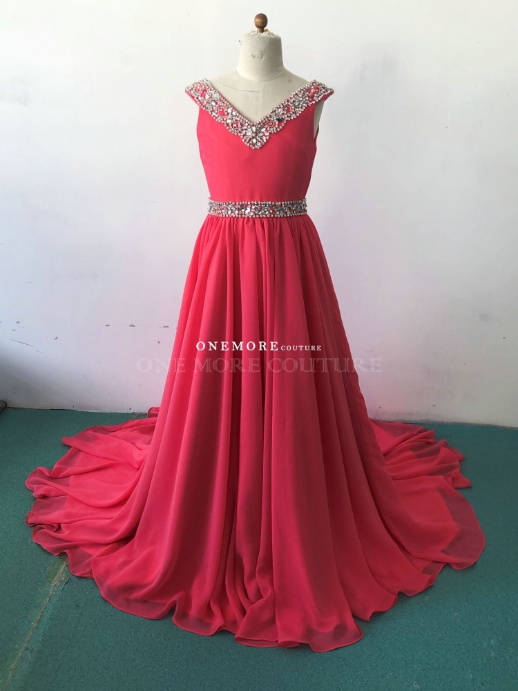 Coral Pink Beaded V Neckline Chiffon Pageant Dress for Kids