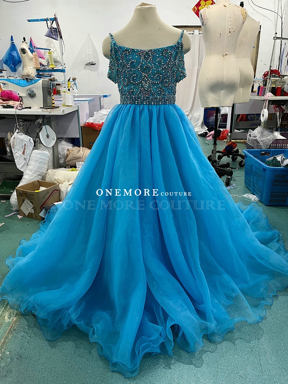 Turquoise Blue Off-Shoulder Beaded Pageant Gown