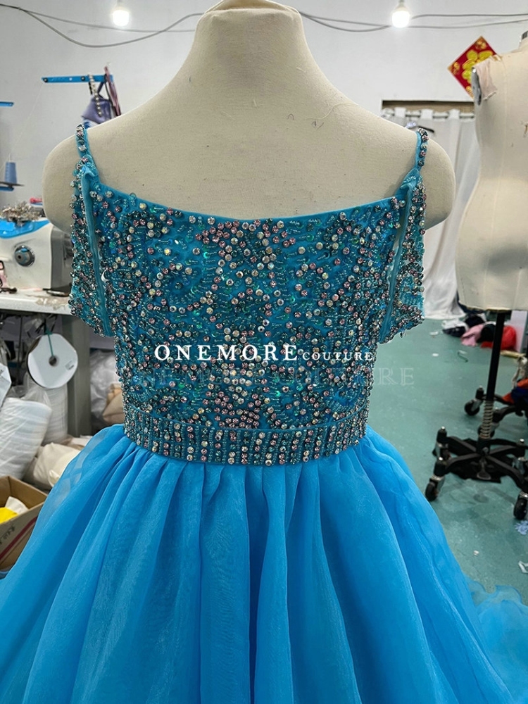 Heavily Stoned Teal Blue Organza Pageant Gown for Girl