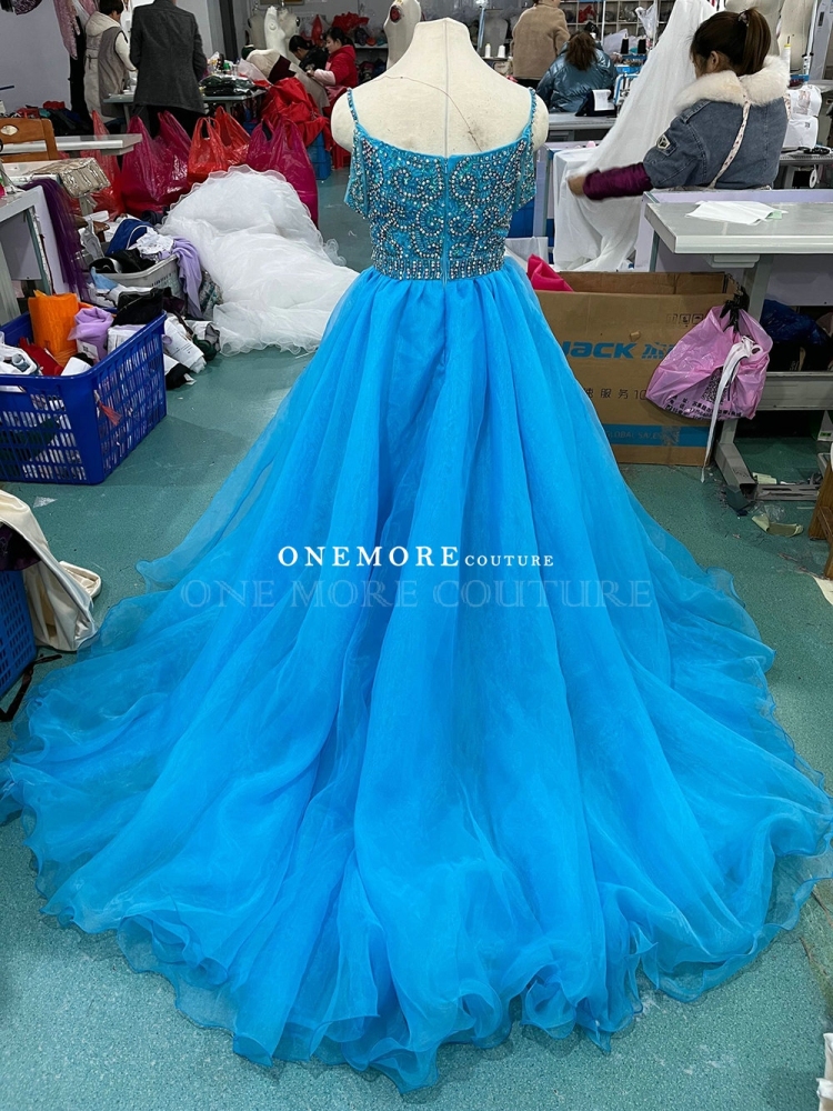 Heavily Stoned Teal Blue Organza Pageant Gown for Girl