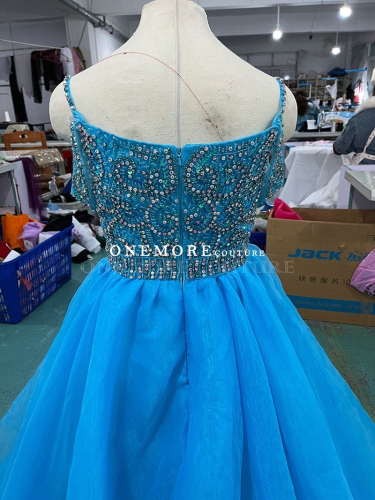 Heavily Stoned Teal Blue Organza Pageant Gown for Girl