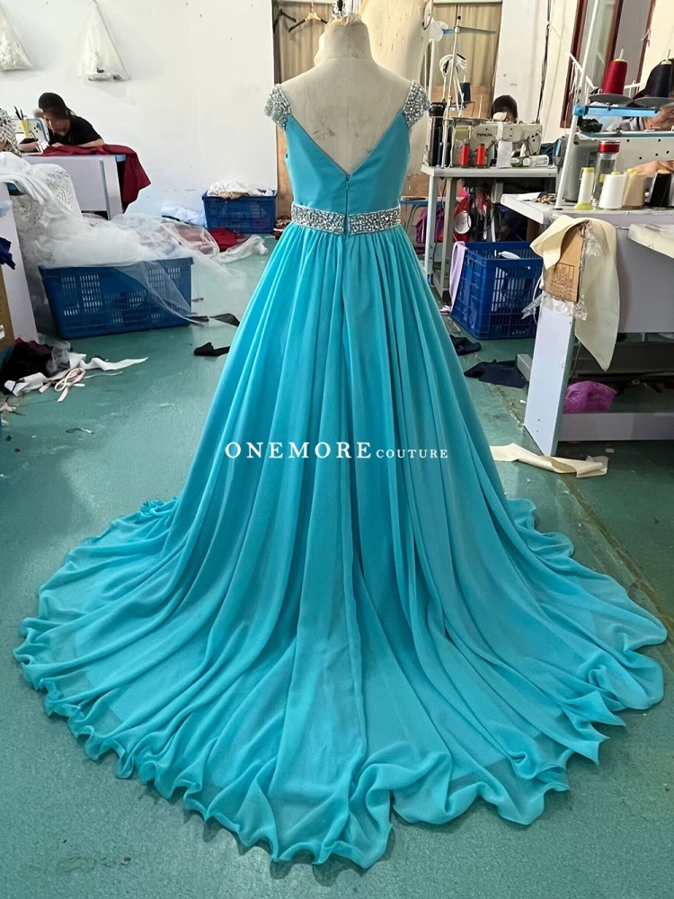 Chiffon Pageant Dress with Beaded Cap Sleeves for Girl