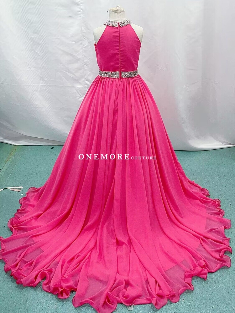 Hot Pink Flowys Chiffon Pageant Dress with Beading
