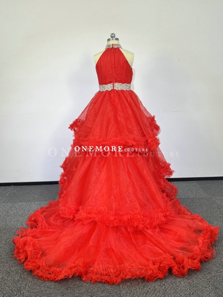 Red Halter Neck Organza Dress with Layered Skirt