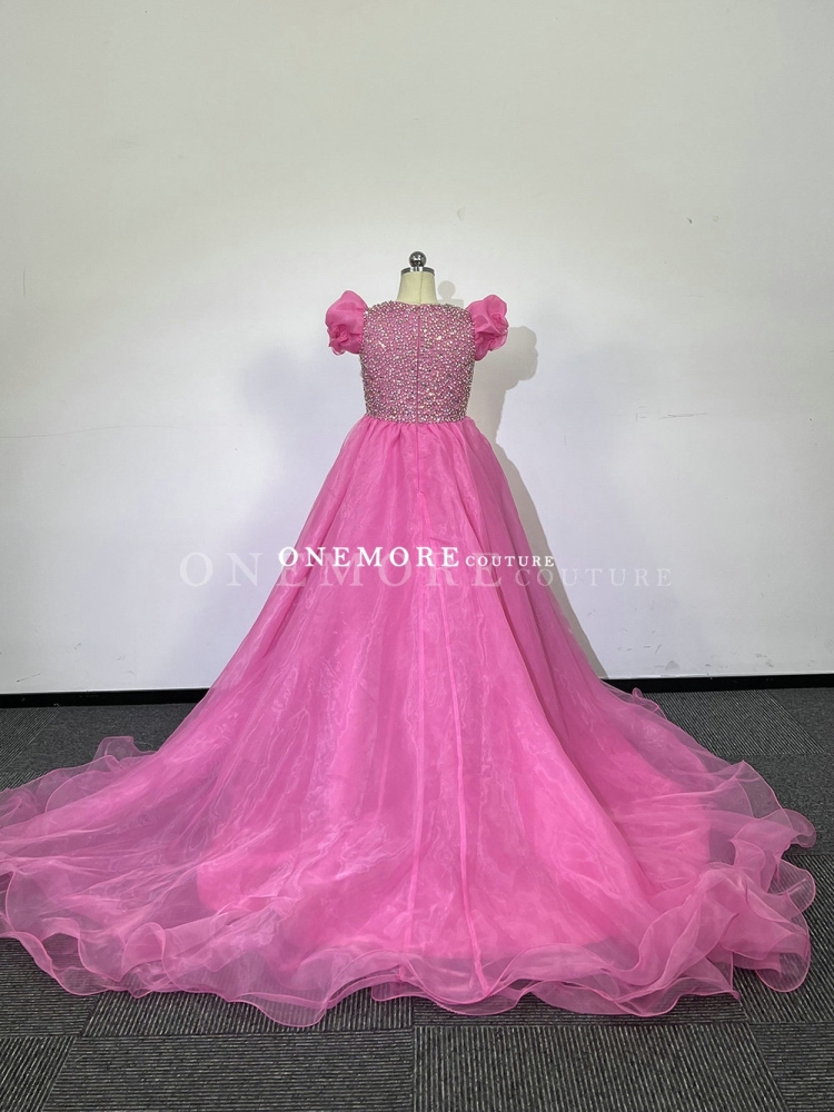 Pink Organza Pageant Gown with Beaded Top and Sleeves