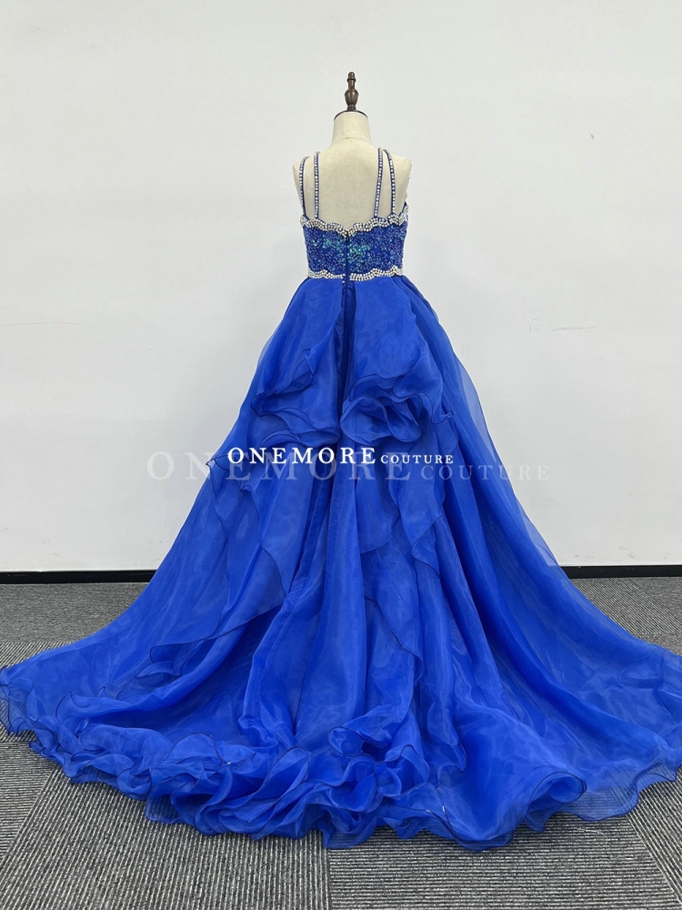 Royal Blue Organza Pageant Gown with Beaded Bodice