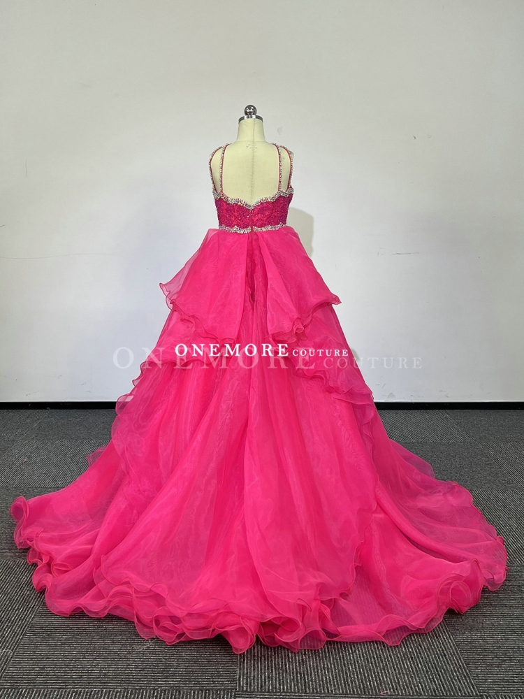 Hot Pink Organza Ball Gown Dress for Pageant Girl