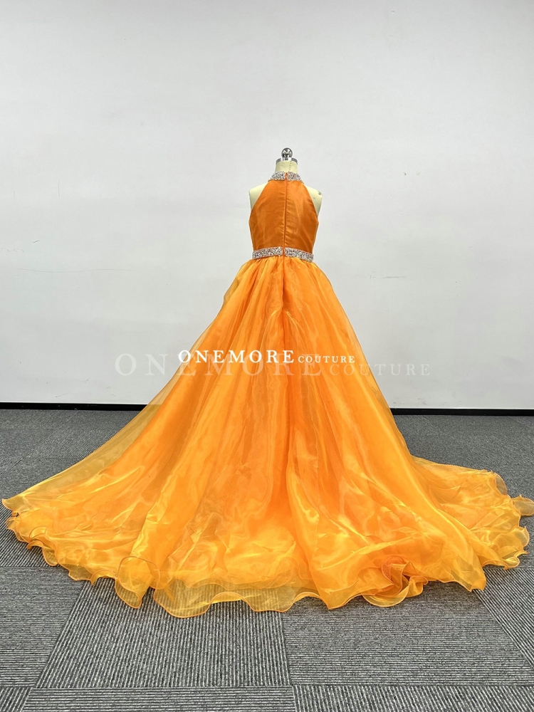 Orange Ball Gown Organza Dress with Stoned Belt and Neck