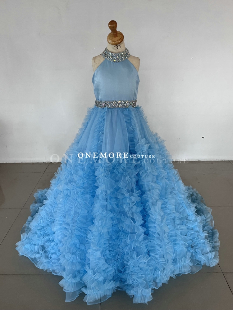 Bright Blue Organza Ball Gown with Ruffled Skirt