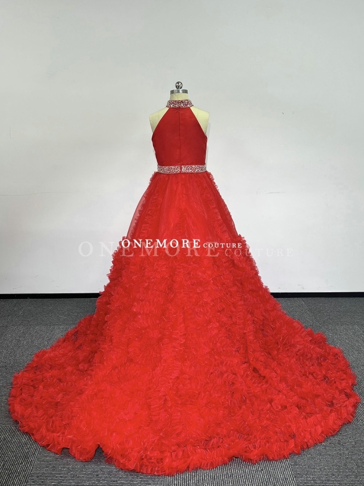 Red Organza Ball Gown with Ruffled Skirt and Stoned Belt