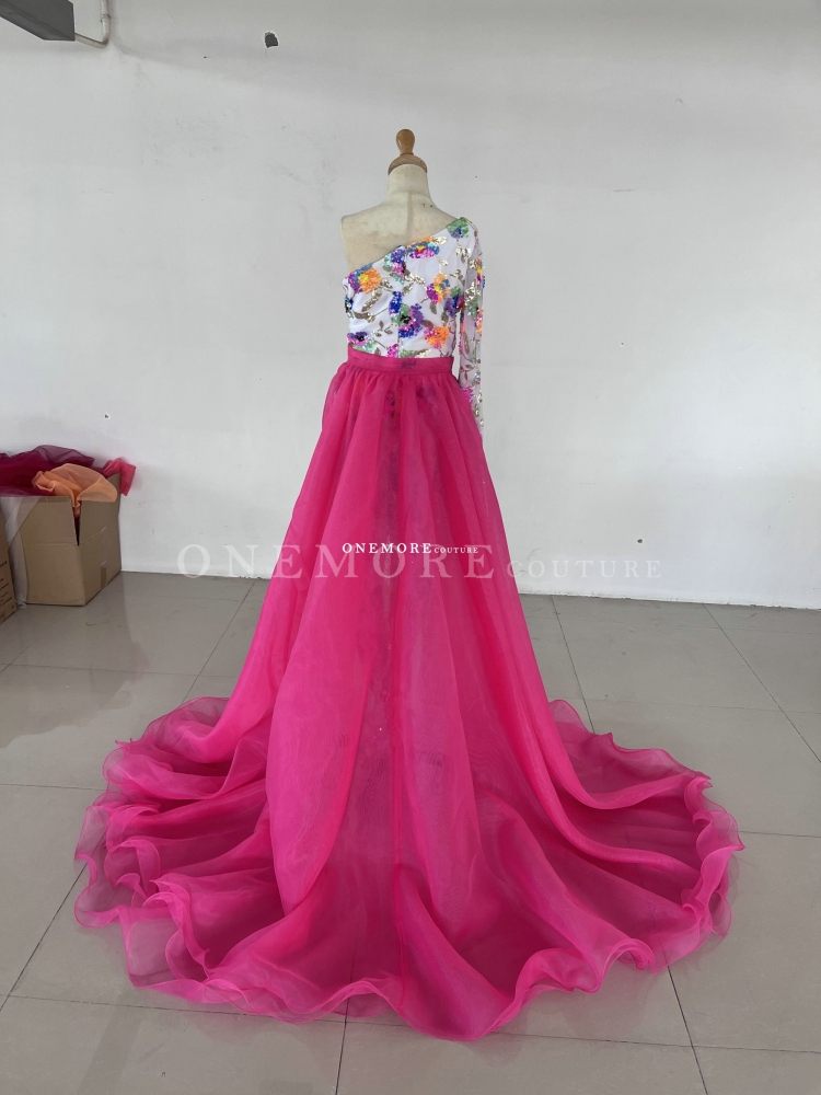 Ombre One Shoulder Sequin Jumpsuit with Overskirt