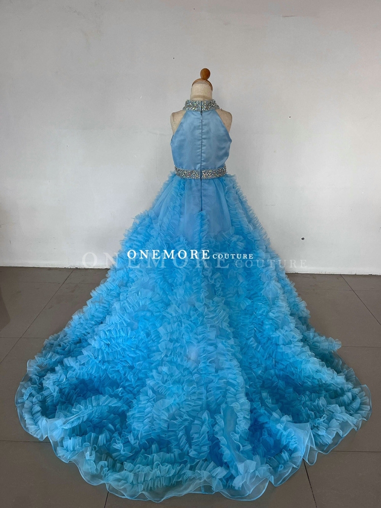 Bright Blue Organza Ball Gown with Ruffled Skirt