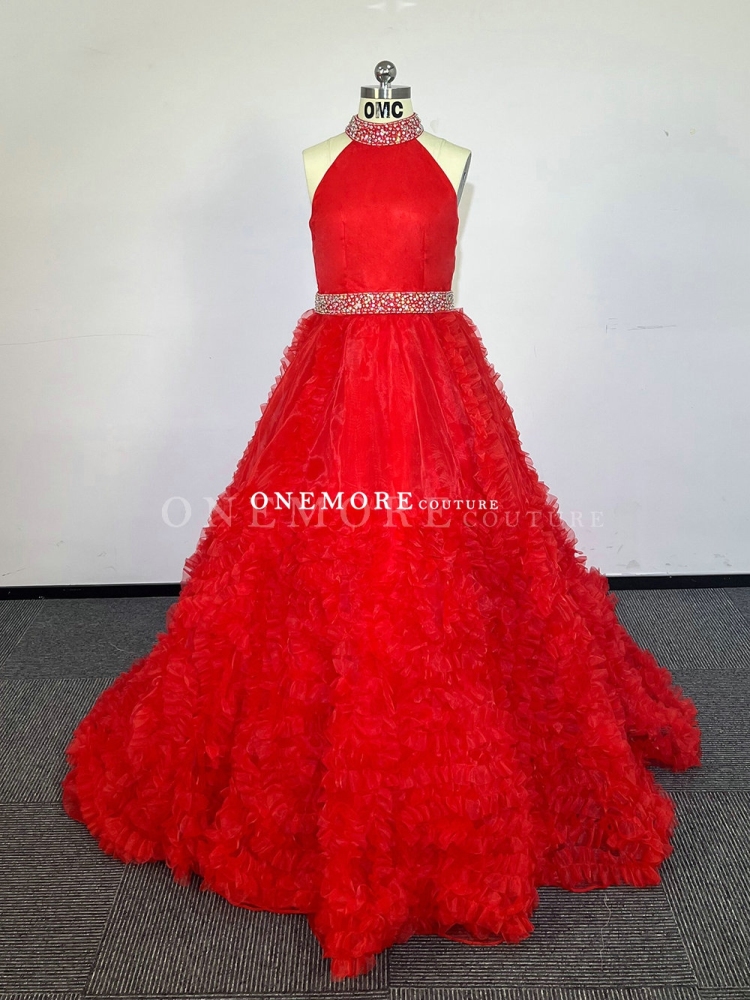Red Organza Ball Gown with Ruffled Skirt and Stoned Belt