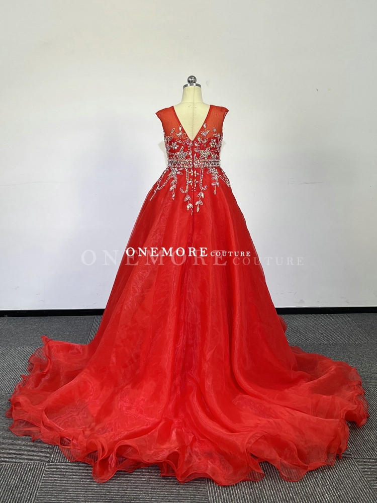 Red Beaded Organza Ball Gown