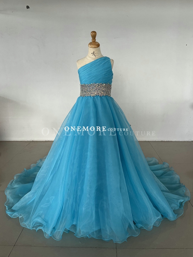 Blue One Shoulder Organza Gown with Fully Stoned Belt
