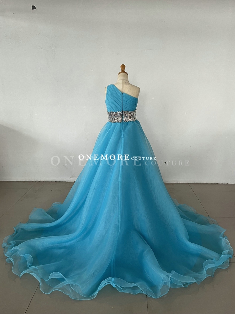 Blue One Shoulder Organza Gown with Fully Stoned Belt