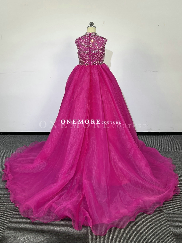 High Neck Fuschia Organza Gown with Beading