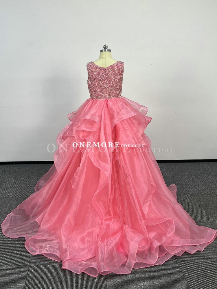 Coral Pink Organza Ball Gown with Fully Beaded Top