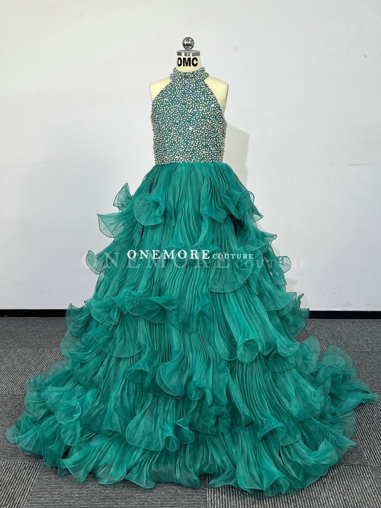 Teal Green Pageant Gown with Stoned Top and Ruffled Skirt