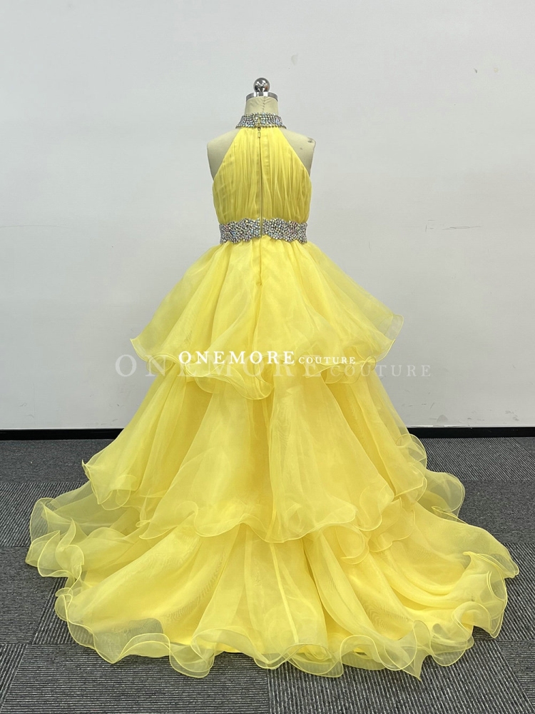 Yellow Organza Ball Gown with Three Layers