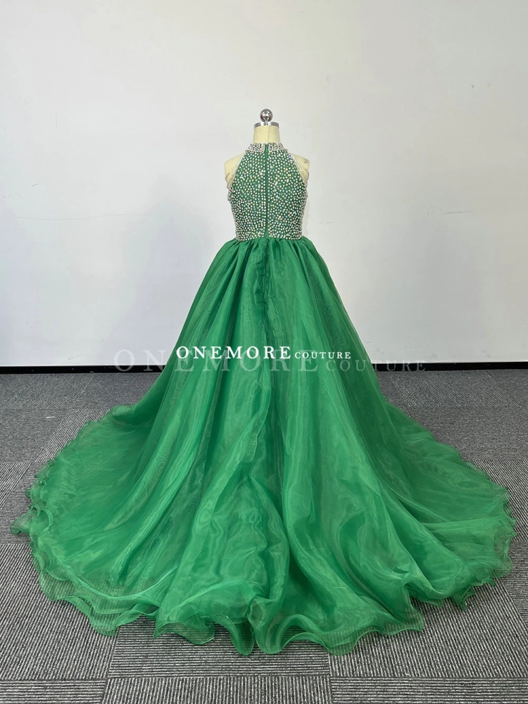 Emerald Green Pageant Gown for Girls | Halter Beaded Bodice with Ball Gown  Skirt