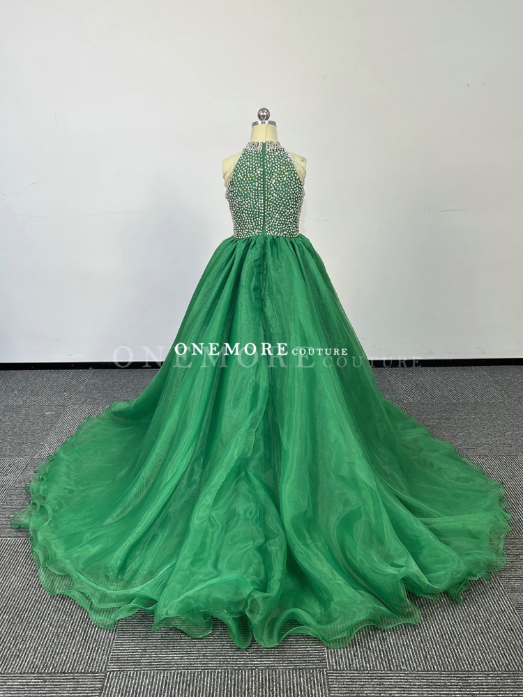 Green Organza Pageant Gown with Stoned Top