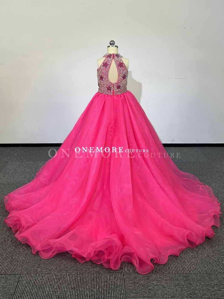 Hot Pink Beaded Pageant Gown with Keyhole Back