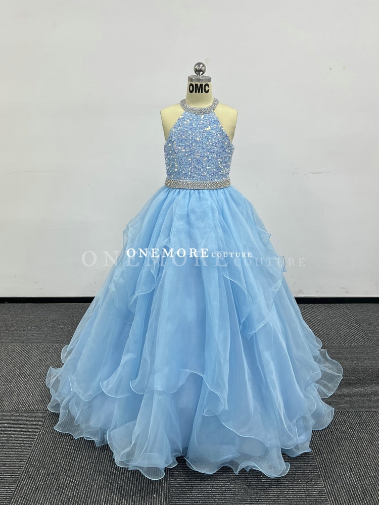 Light Blue Sequin Gown with Layered Organza Skirt