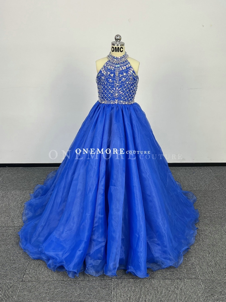 Royal Blue Organza Pageant Gown with Beaded Top