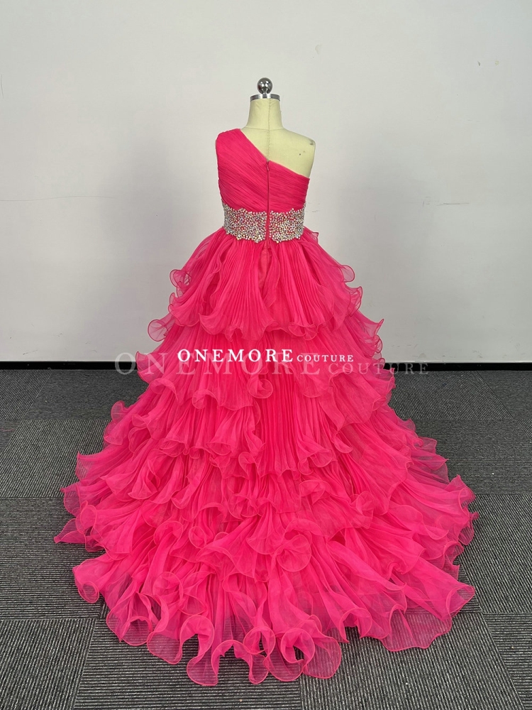 Hot Pink Pleated One Shoulder Pageant Gown with Stones