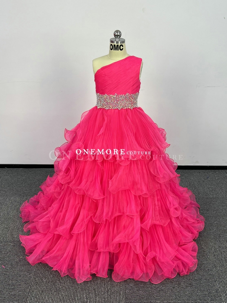 Hot Pink Pleated One Shoulder Pageant Gown with Stones