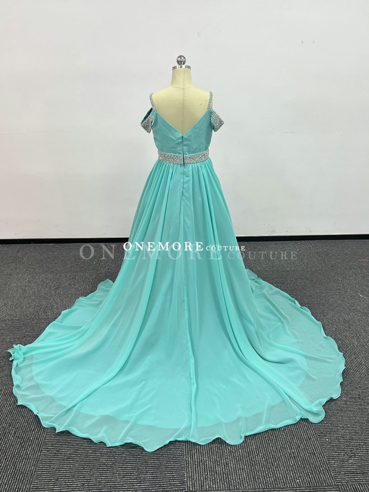 Blue Chiffon Gown with Stoned Belt and Off Shoulder Straps