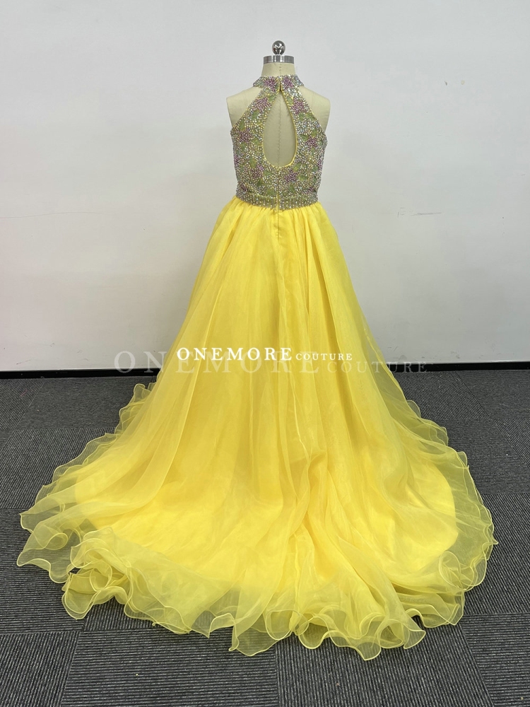 Yellow Beaded Organza Pageant Gown with Keyhole Back