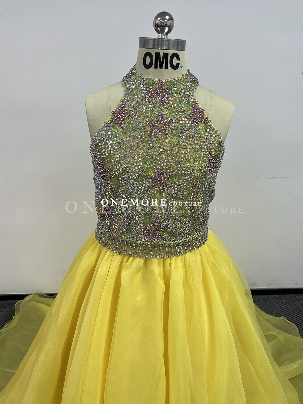 Pageant Yellow Backdraft Yellow Halter-Neck Organza Pageant Gown with Beading
