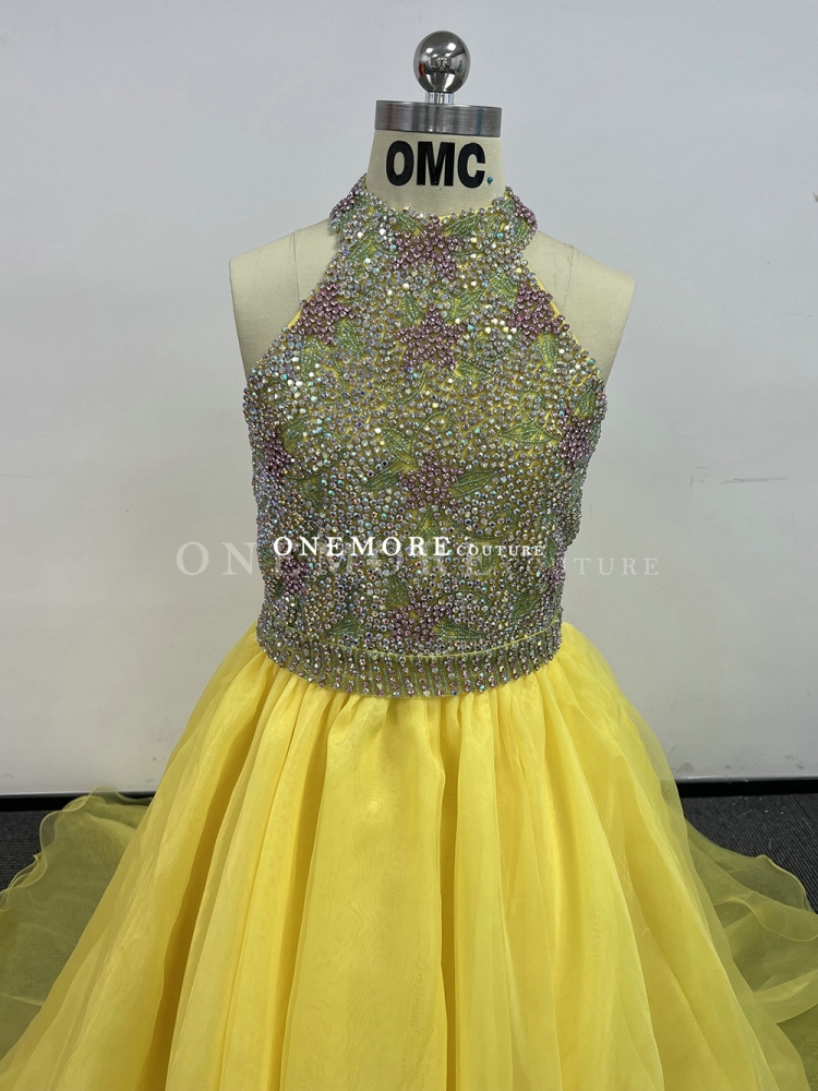 Yellow Beaded Organza Pageant Gown with Keyhole Back