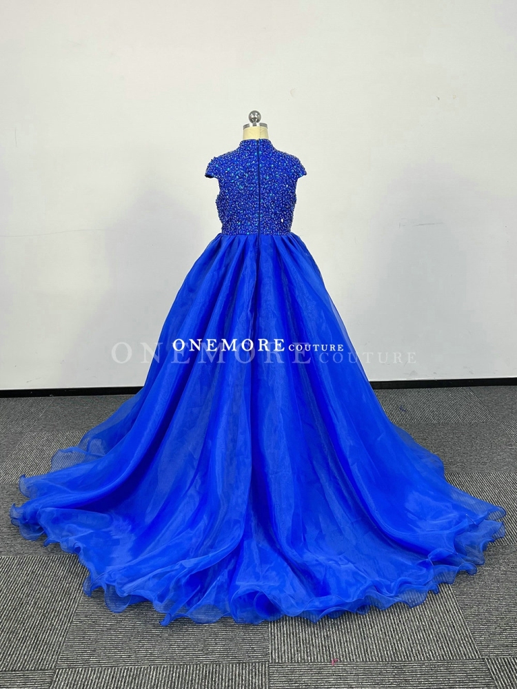 Beaded Royal Blue Pageant Gown with Cap Sleeves