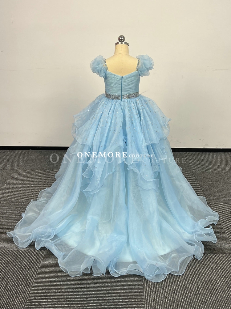 Light Blue Organza Pageant Gown with Puffy Sleeves