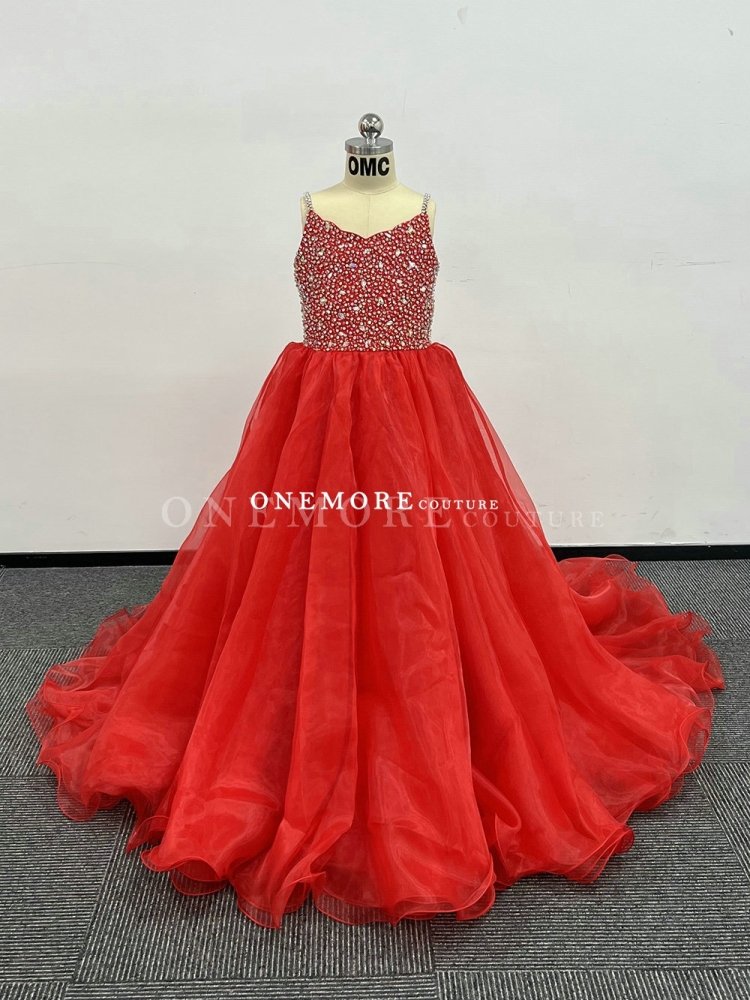 Red Stoned Organza Glitter Pageant Gown