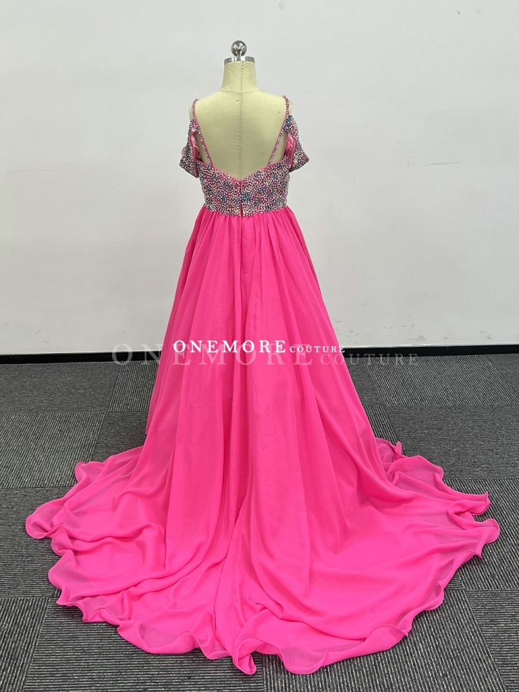 Flowy Chiffon Pageant Gown with Stoned Waist and Straps