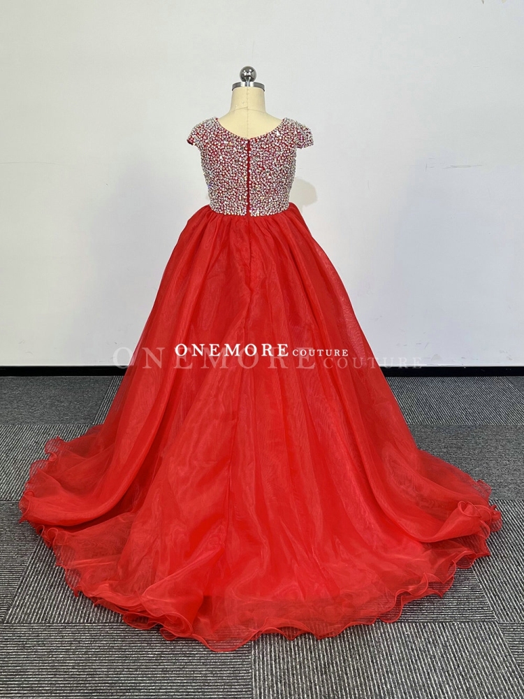Red Fully Stoned Organza Pageant Gown with Cap Sleeves
