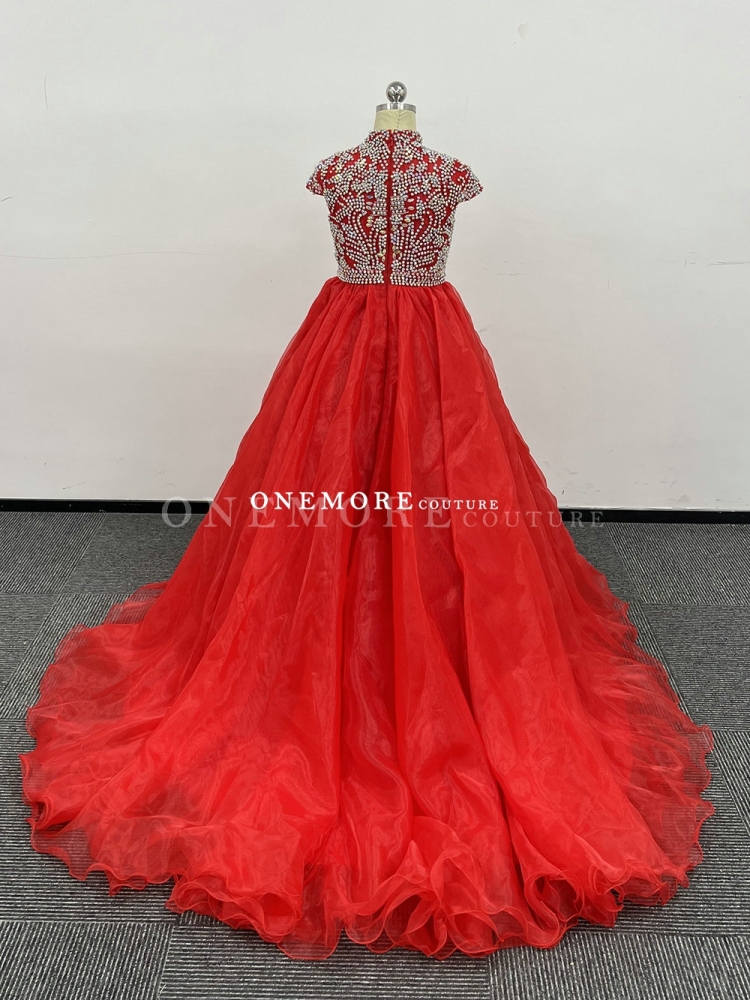 Red Organza Pageant Gown with Heavily Stoned Bodice
