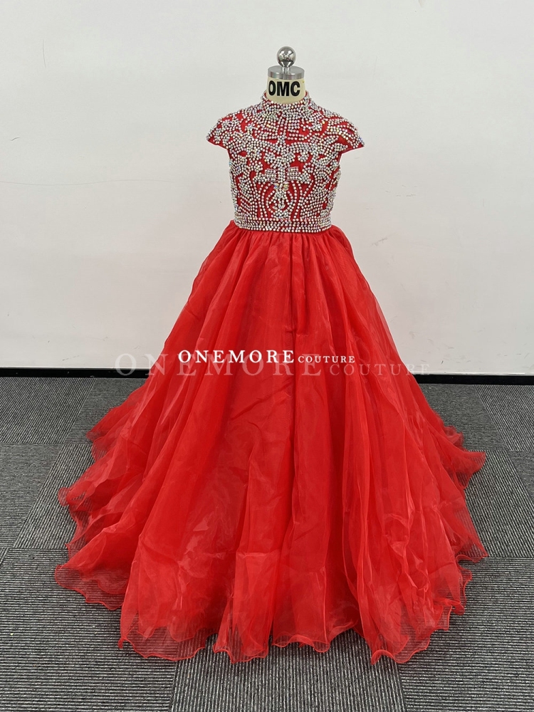Red Organza Pageant Gown with Heavily Stoned Bodice