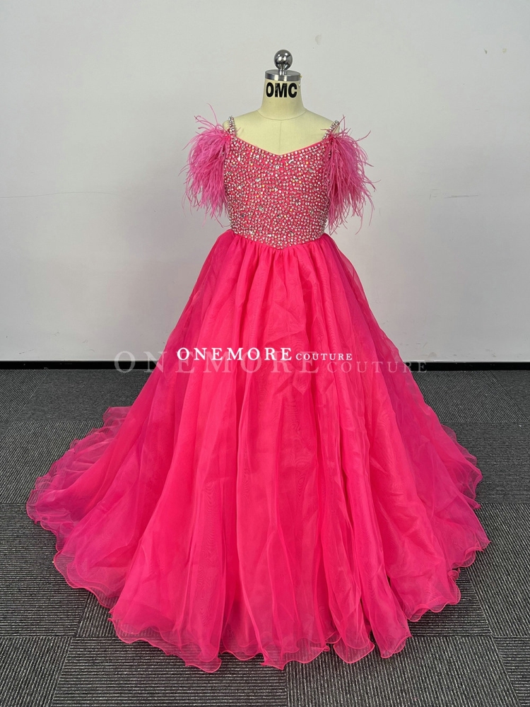 Hot Pink Beaded Organza Pageant Gown with Feathers
