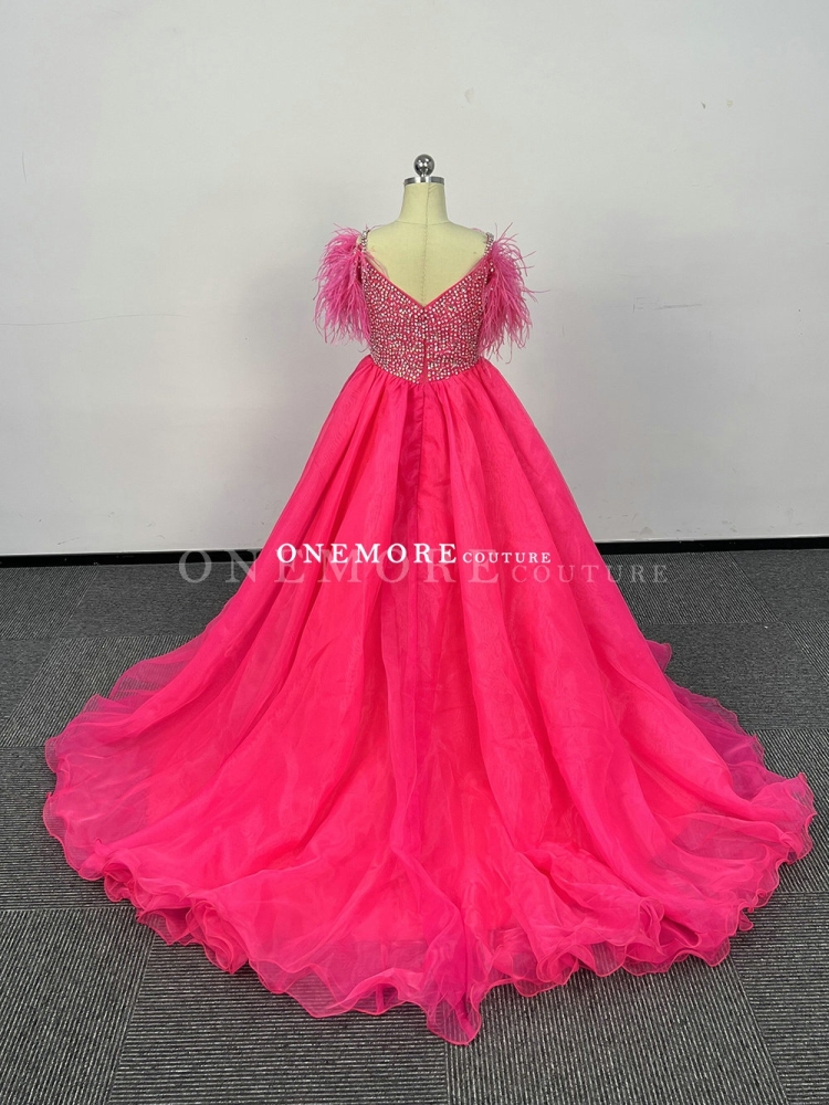 Hot Pink Beaded Organza Pageant Gown with Feathers