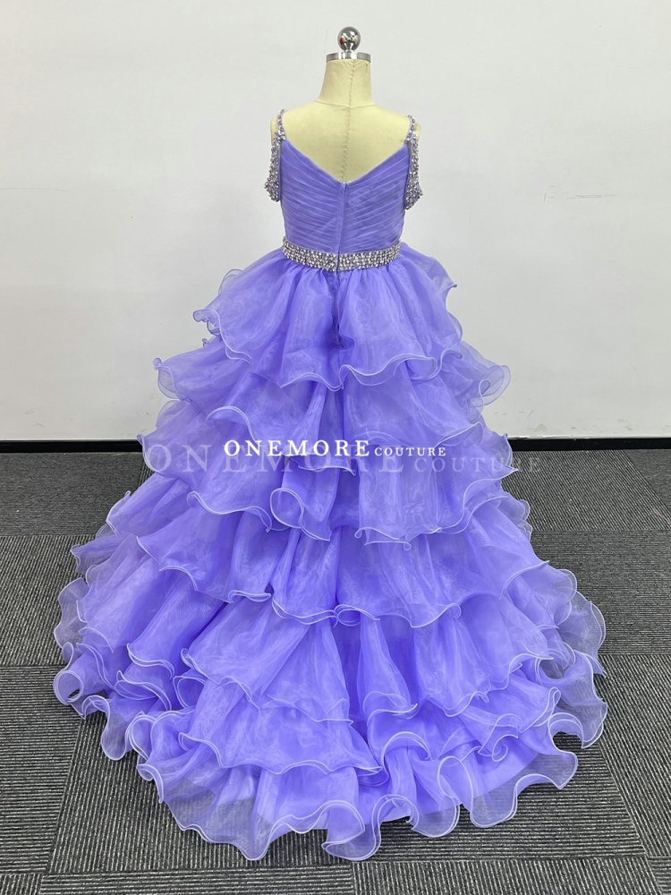 V Neck Lavender Organza Pageant Gown with Layered Skirt