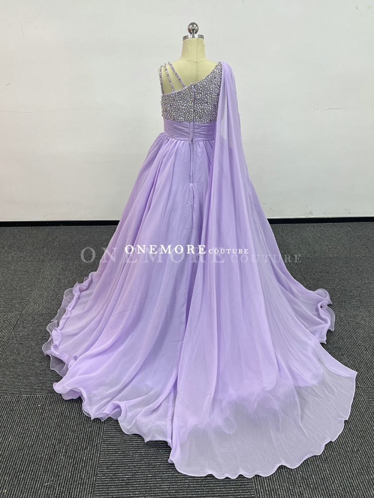 Light Purple One Shoulder Stoned Chiffon Pageant Gown with Cape